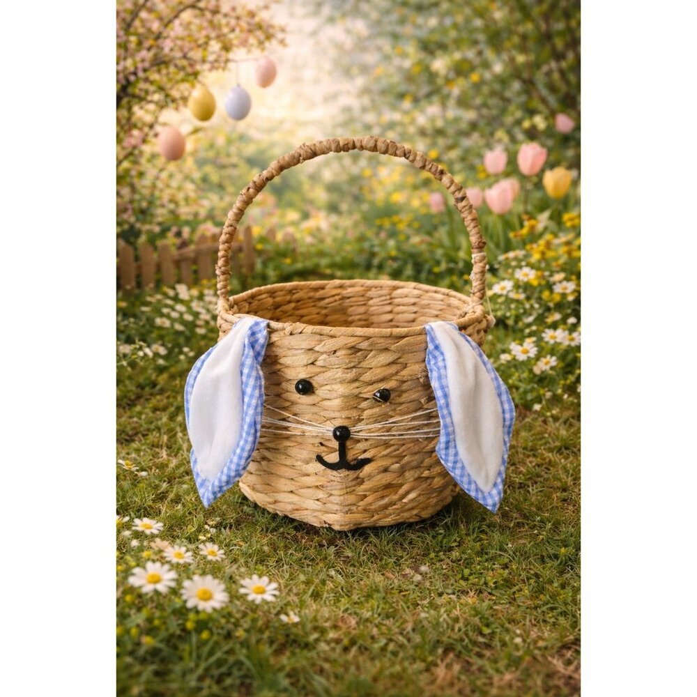 New Large Farmhouse Woven Rattan Blue Bunny Easter Basket W/ Ears Kids Boy